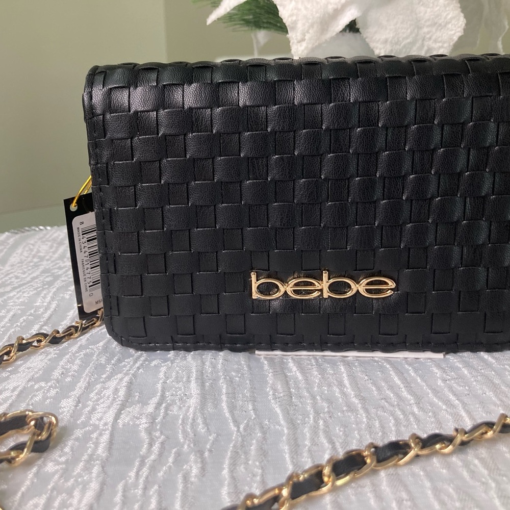 Bebe Black Woven Mini Shoulder Bag Clutch with Gold Chain NWT